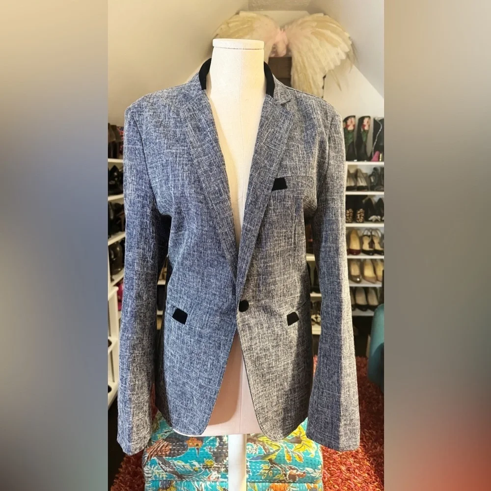 Boutique Tweed Blazer Navy Black Velvet Trim Tailored Career Jacket Size 6
